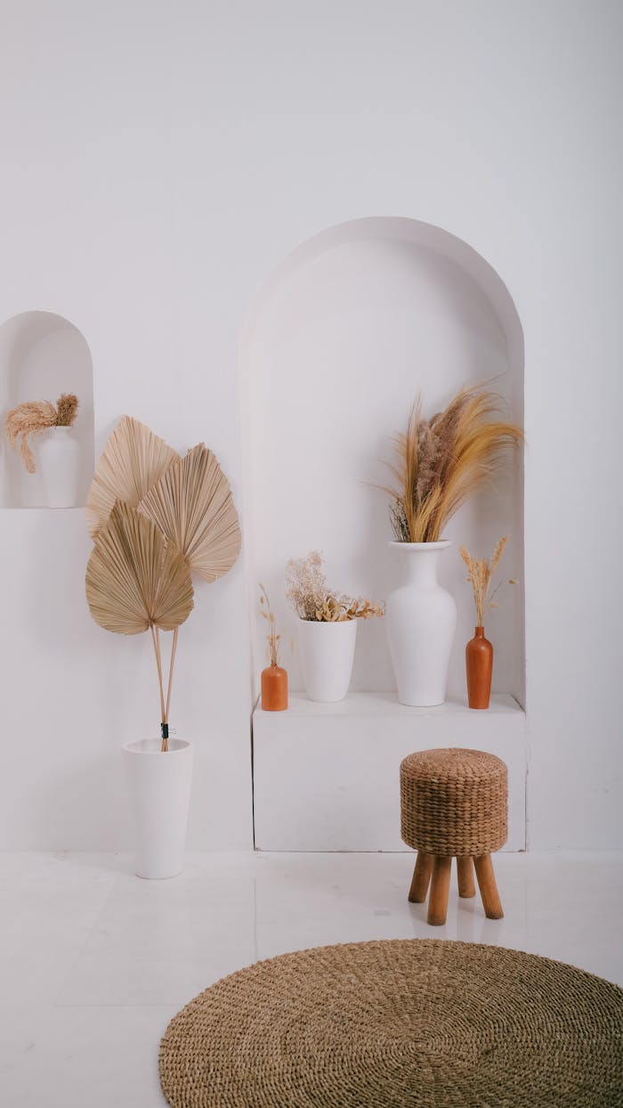 Stylish minimalist interior with neutral tones featuring vases, plants, and a woven stool for a serene ambiance.